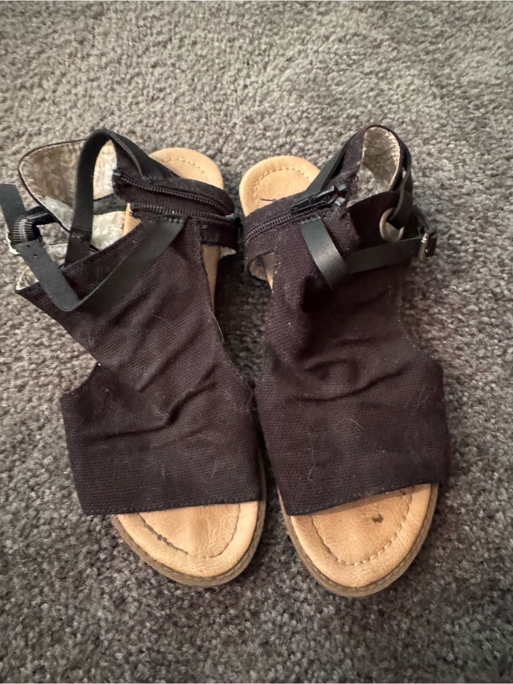 Blowfish Black Canvas Zip Ankle Sandals with Tan Footbed